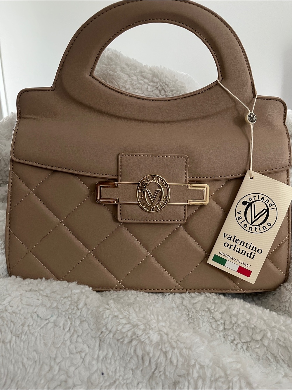Valentino Orlandi Quilted Taupe Top-Handle Satchel with Gold Hardware